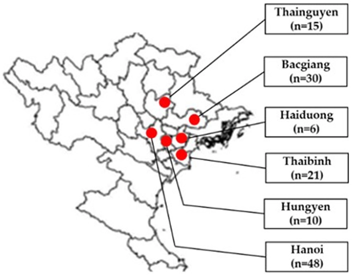Hình 1. Vị trí các khu vực lấy mẫu ở miền Bắc Việt Nam